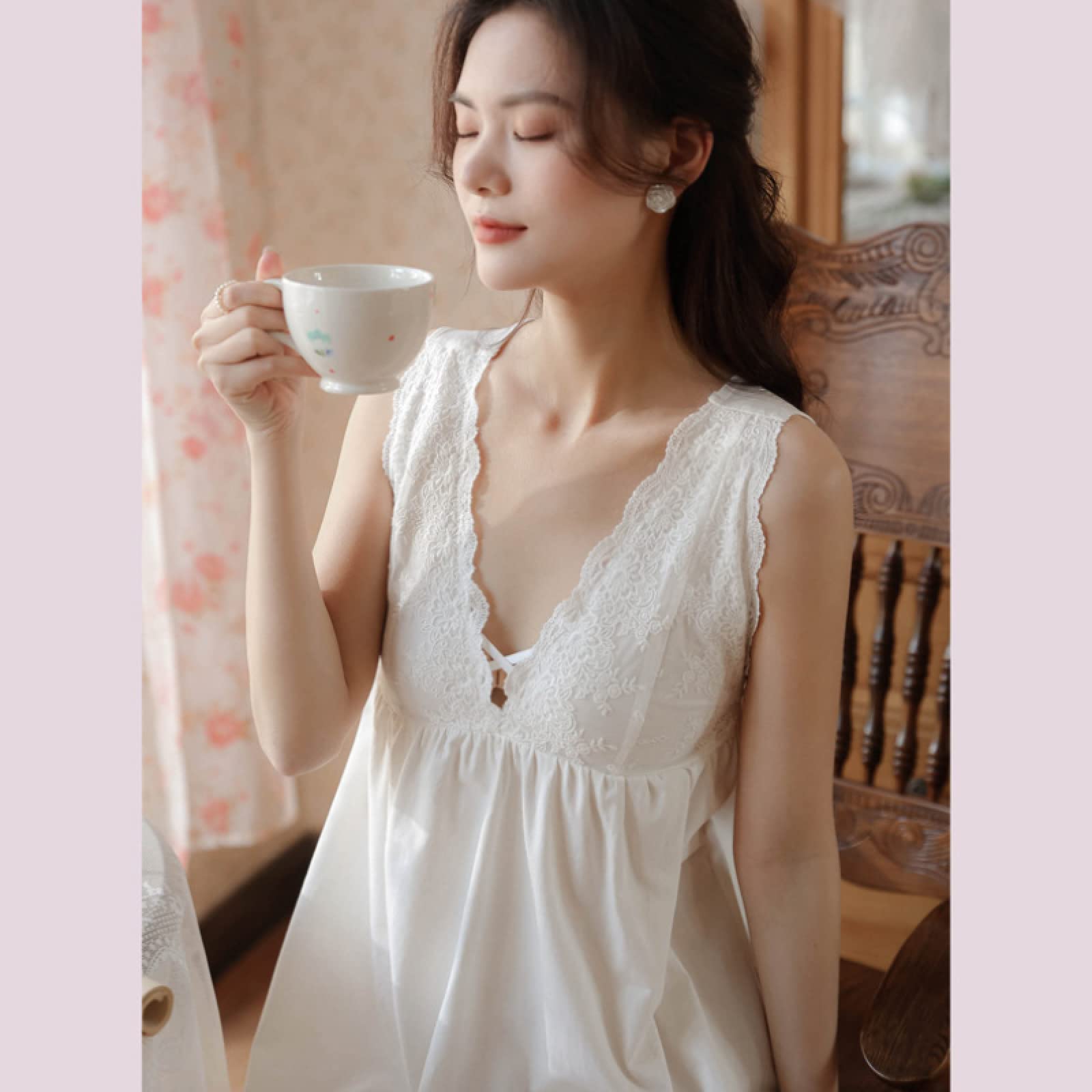 OFFSUM Camicia da Notte Donna - Camicia da Notte Vintage in Stile Principessa con Bretelle Bianche Senza Maniche in Pizzo con Ricamo Elegante Sexy in Cotone