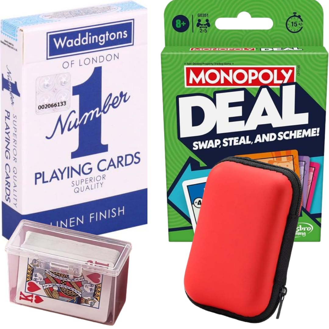 Monopoly Deal Card Game + Playing Cards with Travel Case & Plastic Case, Red, Compact (6.6 cm x 15.3 cm)