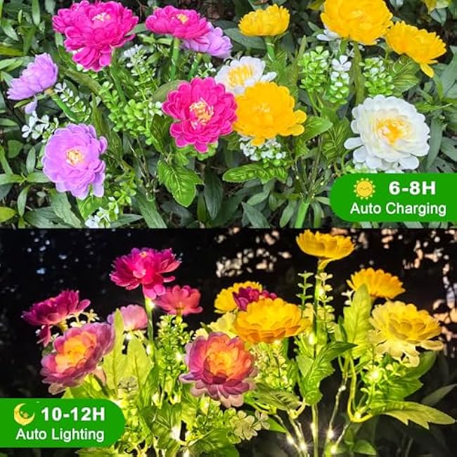 Solar Flowers Lights, 2 Pack Solar-Powered Outdoor Light with 14 Blooming Flowers, Waterproof Lights for Outside Yard, Garden, Pathway, Walkway, Patio, Lawn, Cemetery, Grave Decor