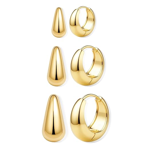 BESTEEL 3Pairs 14K Gold Plated Hoop Earrings Set for Women Chunky Earring Silver Plated Hypoallergenic Small Huggie Hoops Lightweight Tiny Thick Trendy Hoop Earrings Stacks for Multiple Piercing