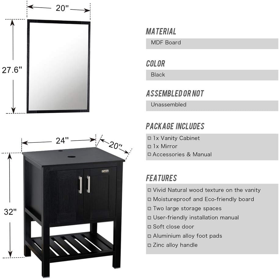 Grеаtеѕt Prоduсt 24 Black Bathroom Vanity and Sink Combo,MDF Board Cabinet,0.5 Tempered Glass Vessel Sink（Round Brown）,1.5 GPM Water Save,ORB Faucet,Pop Up Drain Parts, Mounting Ring,W/Mirror