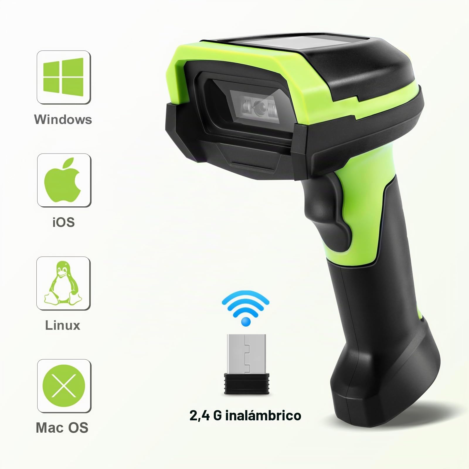 Escáner de códigos de barras inalámbrico, 1D CCD automático con pantalla de visualización, lector de códigos de barras portátil recargable con receptor de 2,4 G, conector y juego con cable USB