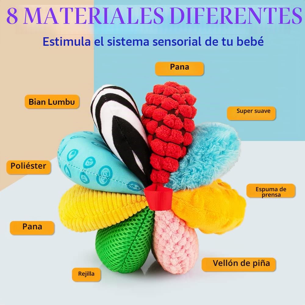 teytoy Bolas sensoriales de textura 8 en 1 para bebé, juguetes Montessori para bebés de 6 a 12 meses, 8 actividades sensoriales diferentes con chillones de sonajero arrugado