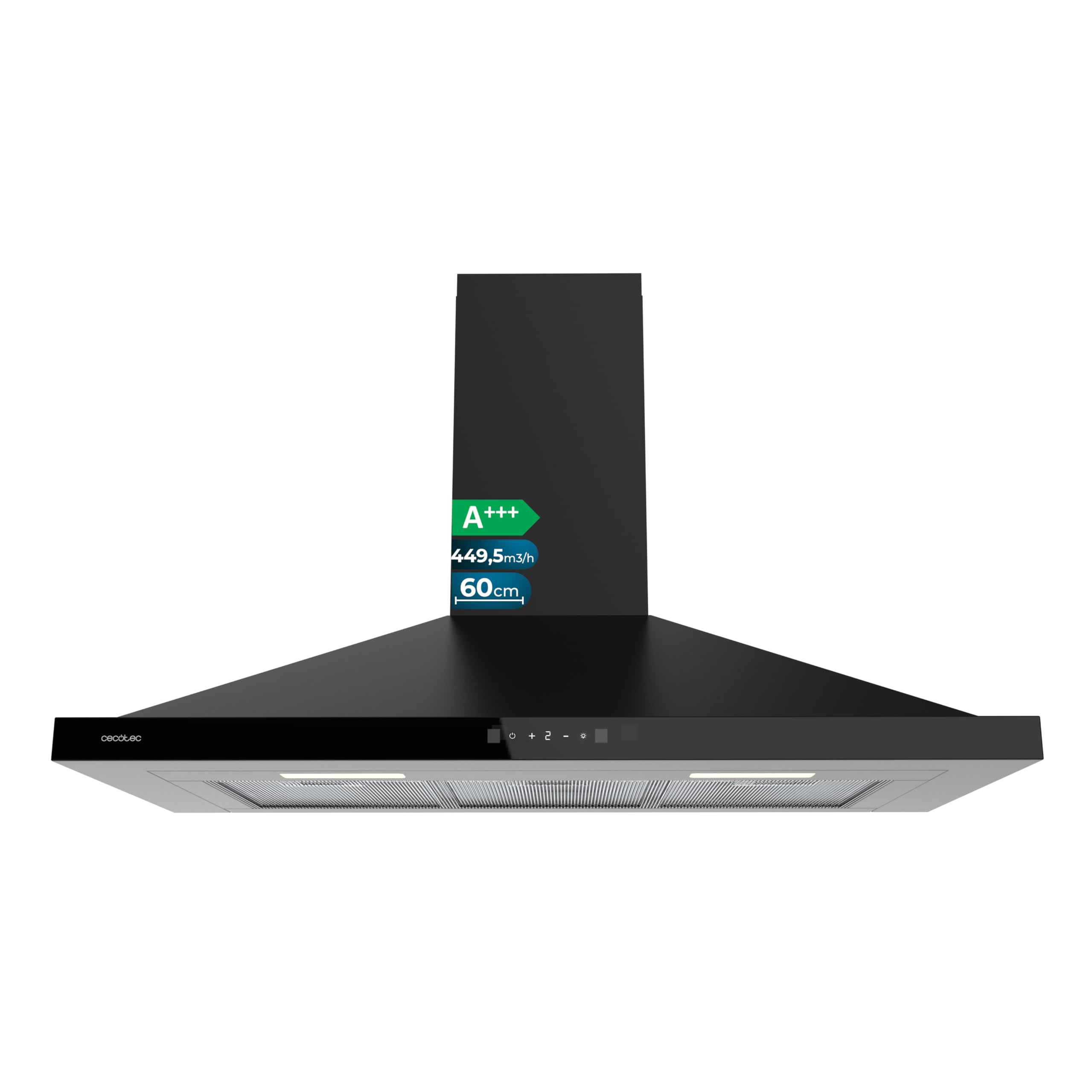 Cecotec Campana Extractora Piramidal 90 cm Bolero Flux PT 904400 Black A+++. Cristal Frontal en Negro, Succión 449,5 m³/h, Control Táctil Invisible, Función Booster, Filtros Lavables, Clase A+++