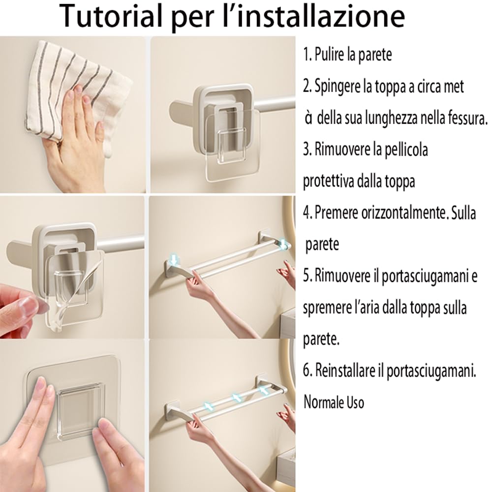 Portasciugamani Autoadesivo In Alluminio Per Bagno E Cucina - Capacità 30kg, Bianco, 50cm - Foto 5