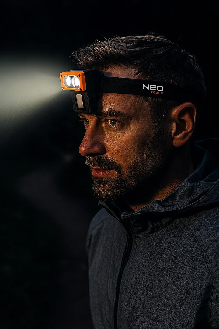 NEO TOOLS Lampada frontale a LED ricaricabile, super luminosa, 500 lumen, con sensore, luce rossa e stazione di ricarica, luce frontale leggera, per campeggio, pesca, officina, riparazioni