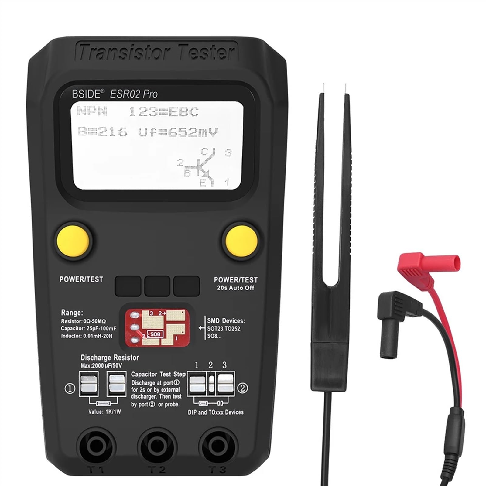 Multiuso Transistor ESR/SMD Tester ESR02pro Smart Diodo Triodo Capacità Resistore Meter Misuratore LCD Test MOS/PNP/NPN(ESR02PRO-Test clip)