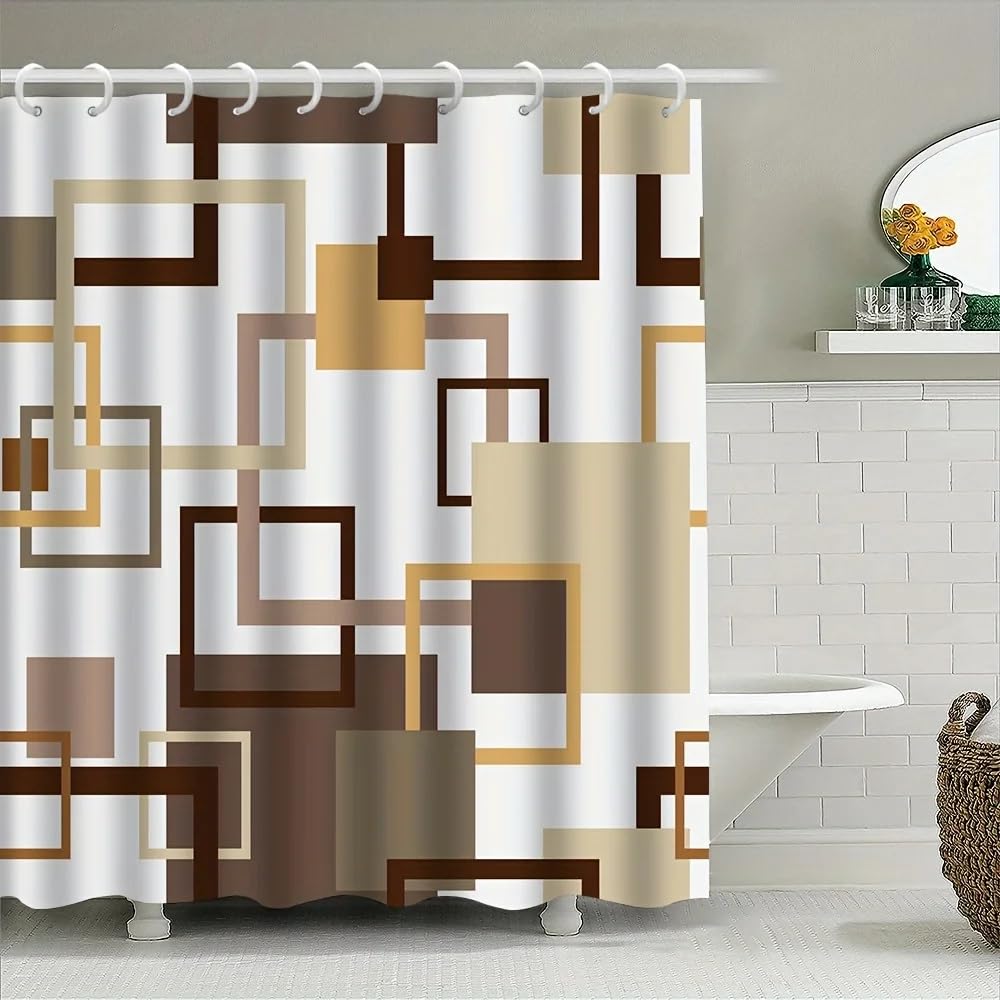 KELAIMI Modern Abstract Geometric Shower Curtain - Simple Bathroom Curtains - Machine Washable Waterproof Fabric Bathtub Curtain with Hooks Brown 180X200Cm