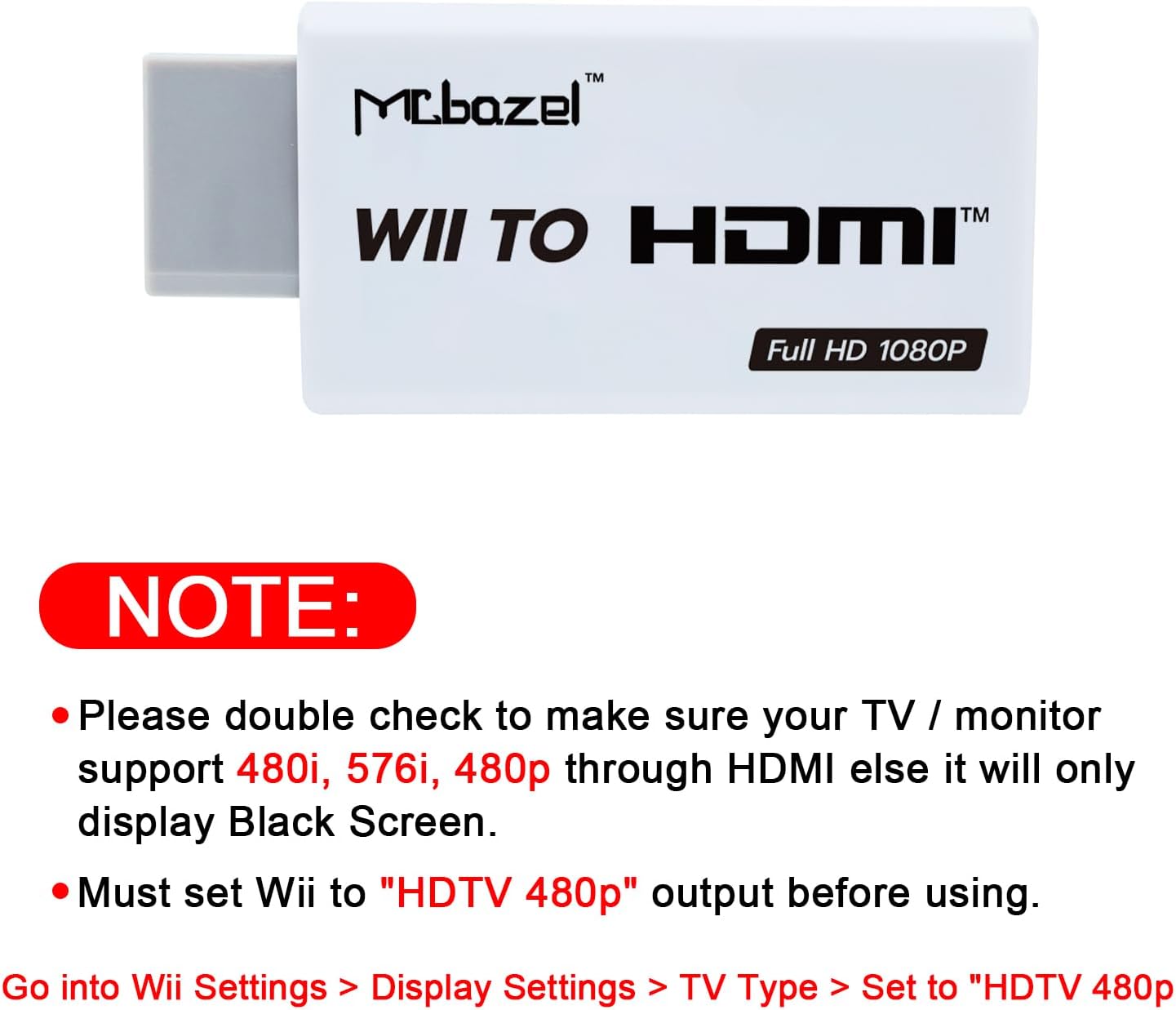 Mcbazel Wii hdmi Adapter, Wii to HDMI Converter Output Video Audio Adapter for Wii (NTSC 480I, 480P, PAL 576I) -Support All Display Modes - Image 2