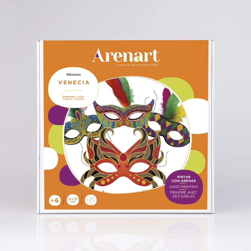 Arenart | Pack 5 Máscaras Carnaval Venecia | para Pintar con Arenas de Colores | Manualidades para Niños | Dibujo Intantil | +6 años