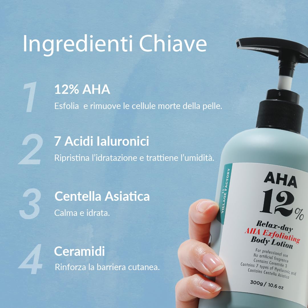 VILLAGE 11 FACTORY lozione per il corpo con acido glicolico AHA 12% (300 g), peeling e ringiovanimento, rimozione delicata delle cellule morte, senza profumo, senza parabeni (AHA Body Lotion)