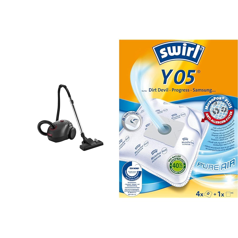 GRUNDIG, VCC 3850 A Bodenstaubsauger mit Beutel, 800W, 2,1 L, Schwarz/Rot & Swirl Y 05 MicroPor Plus Staubsaugerbeutel für Dirt Devil, Progress, Samsung Staubsauger, 4 Stück inkl. Filter