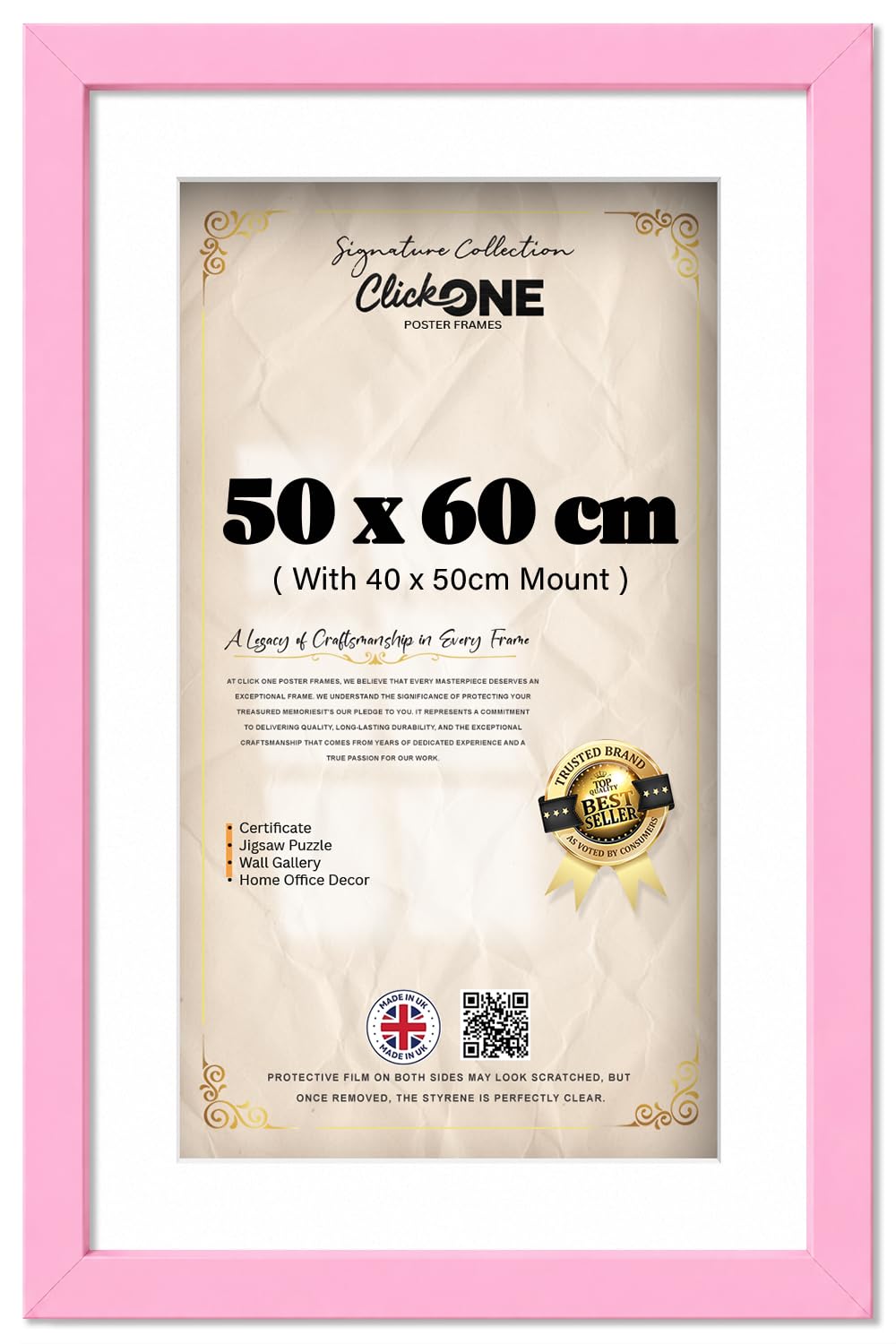 Click One Engineered Wood Finish Poster Frame 50 X 60 Cm With 50 X 40 Cm White Mount For Photos And Posters 24 X 20 Inch Sleek Portrait And Landscape Display For Wall Decor Soft Pink