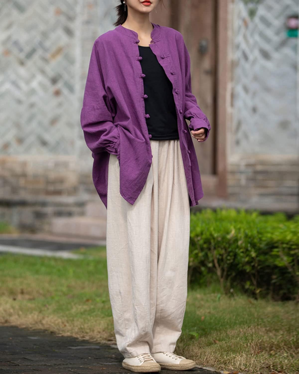 Lazutom Tunique pour femme en coton et lin avec bouton grenouille et col mandarin pour arts martiaux chinois Kung Fu Tai Chi