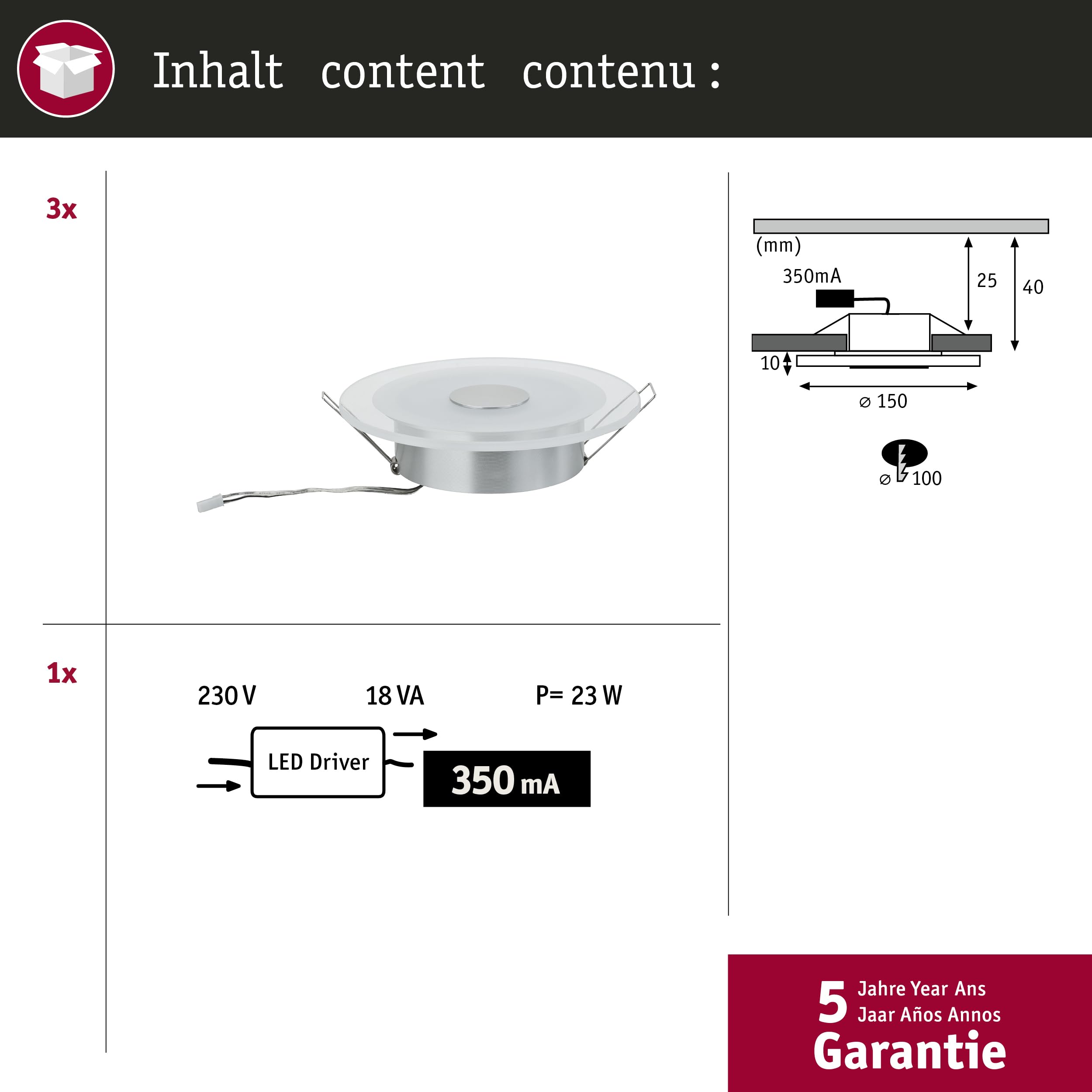 Paulmann Premium EBL Set Whirl rund dimmbar LED 3x6,7W 18VA 350mA 150mm Alu g./Satin Alu/Acryl