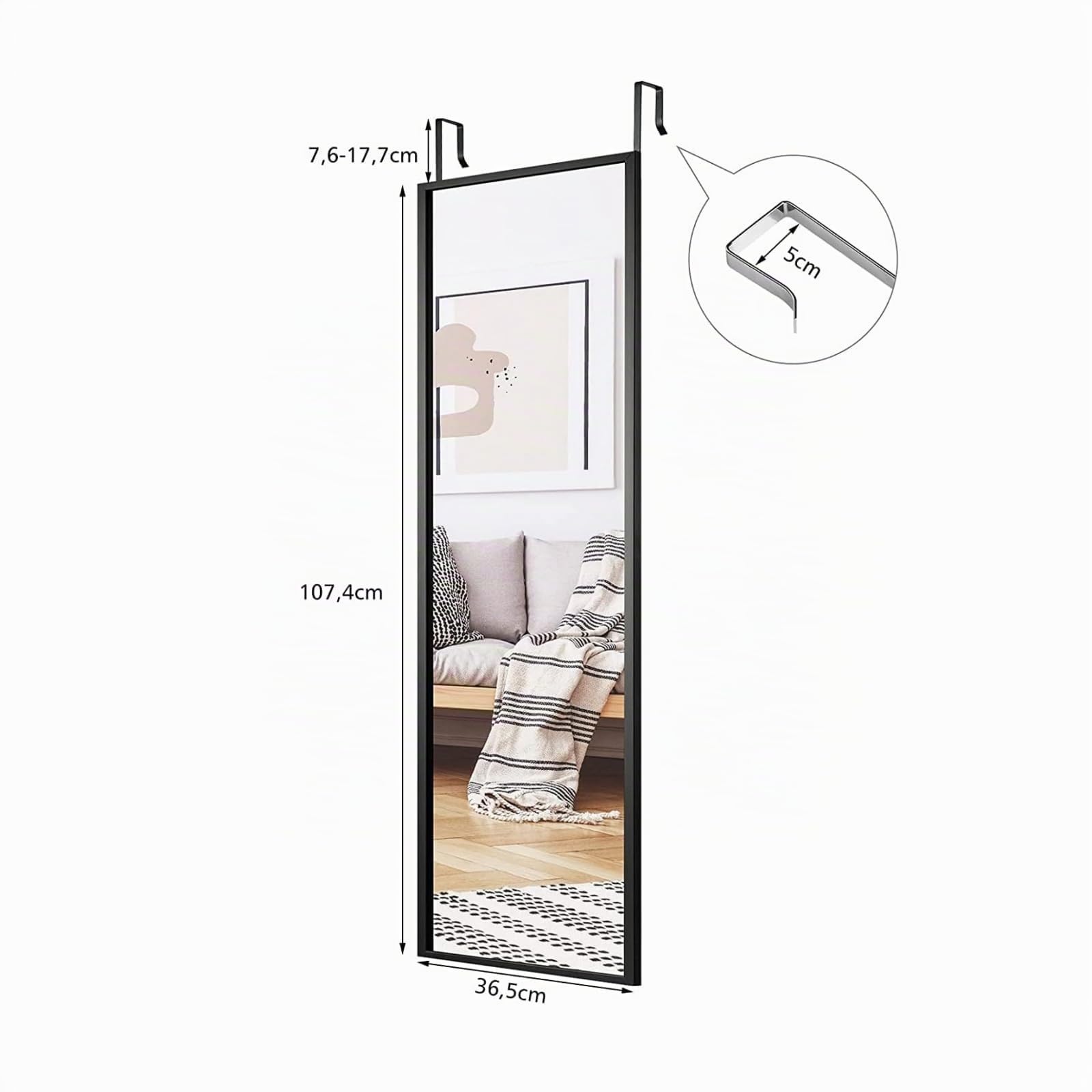 LIFEZEAL Miroir Mural Long, Miroir Suspendu Porte avec Crochet Réglable en Hauteur, Miroir Rectangulaire, 107,4 x 36,5 cm, pour Salon,Chambre à Coucher, Salle de Bain, Moderne (Noir)