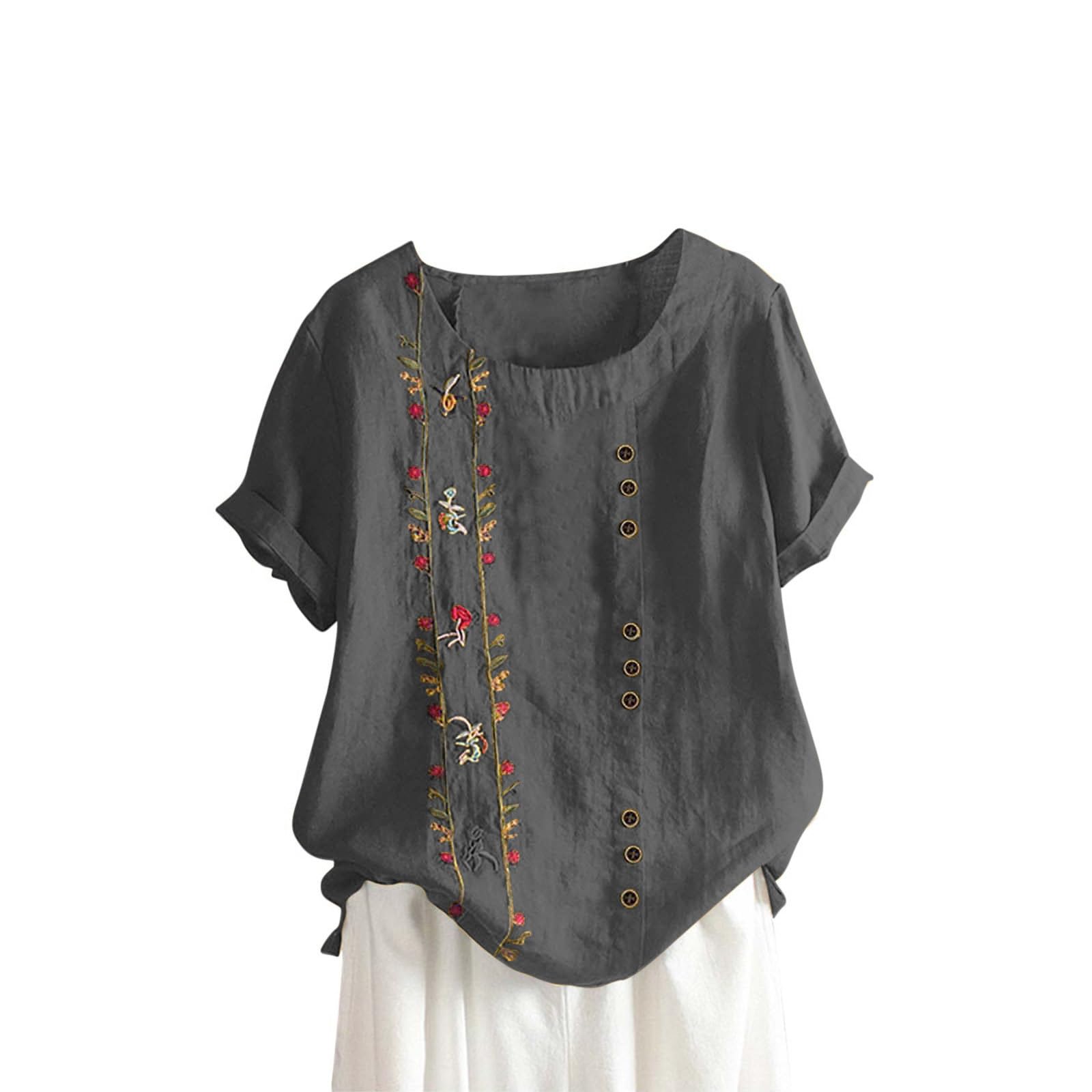Generic 2024 Camiseta de Manga Corta Mujer Moda Algodón y Lino Camisa Blusa Diente de león impresión Cómodo Verano Suelto Cuello Redondo Tops Casual T-Shirt Original tee Talla Grande Transpirable Elegantes