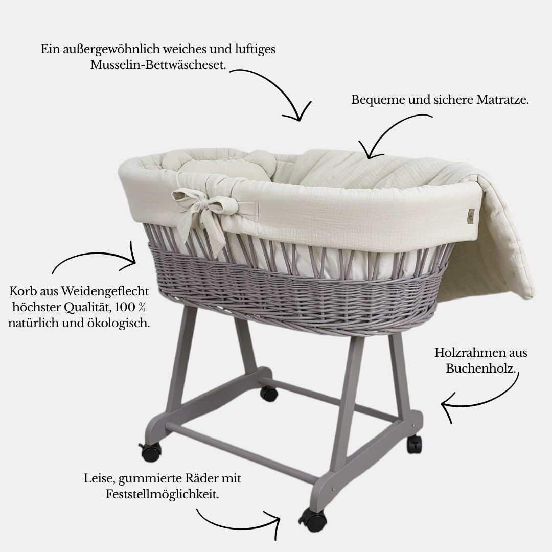 Stubenwagen Baby mit Rollen & Bremse – Grauer Moseskorb aus Naturweide inkl. Matratze & Beige Bettwäsche aus 100% Baumwolle – sicher & mobil – Modell Amelia