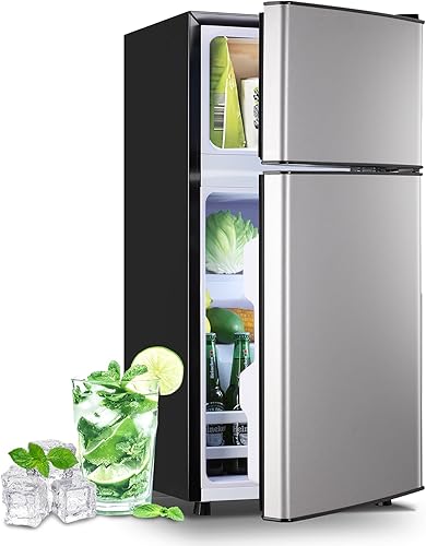 Refrigerador pequeño de 2.4 pies cúbicos con congelador, estantes de plástico extraíbles, ideal para el hogar, oficina, dormitorio, plateado