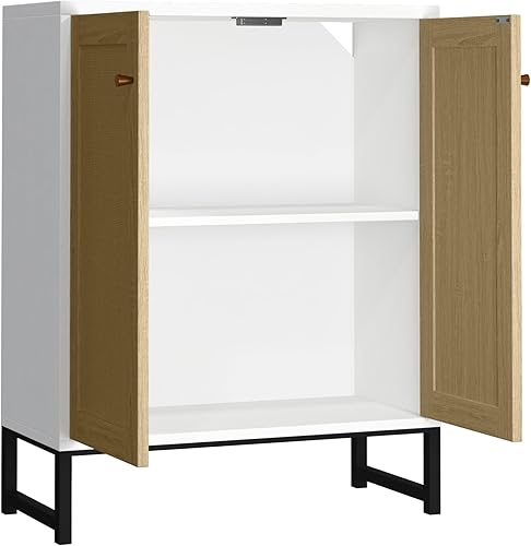 Miniatura 7 de Panana Ratán decorado 2 puertas Gabinete de almacenamiento Gabinete de acento Sala de estar Armario Cocina Aparador Buffet Mesa (blanco)