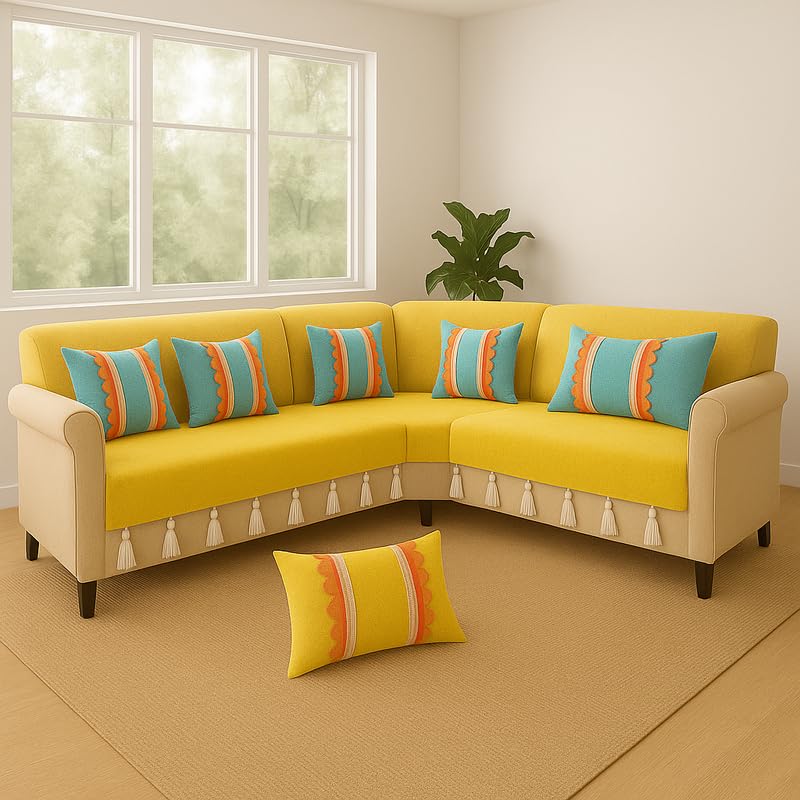 Image of LuxuryYellow Designer L-Shape 6 Seater Corner Sofa Cover|Tassel Sofa Throw | Fits 3+2 Seater + Corner |Anti-Slip Sofa Throws for 3 Seater & 2 Seater|Fully Covered Sofa Cover with Tassels | Boho Style