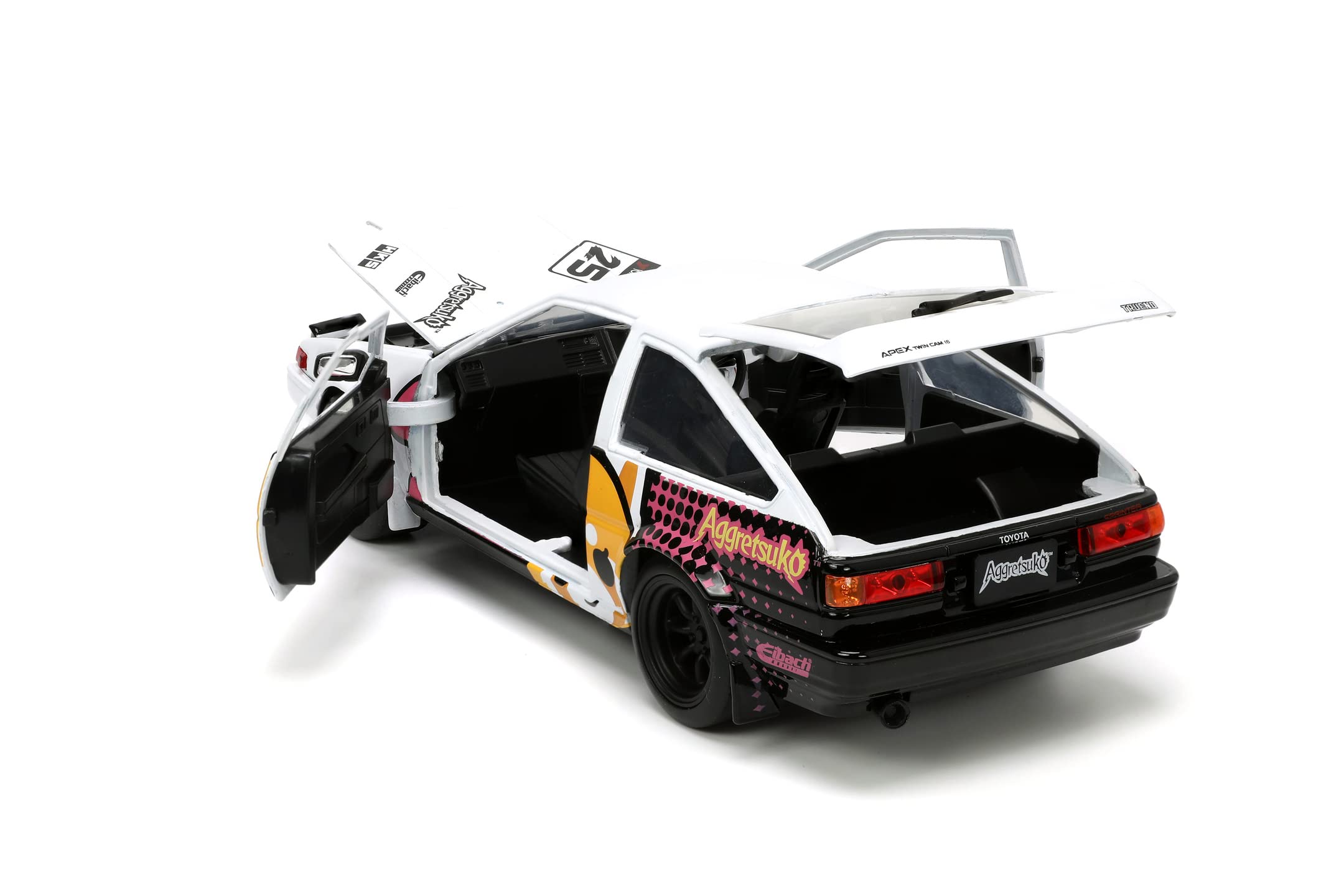 Jada- Coche de Aggretsuko 1986 Toyota Trueno 1:24. De Metal con Rueda Libre, Apertura de Puertas y Figura de Retsuko de Metal (253255056)