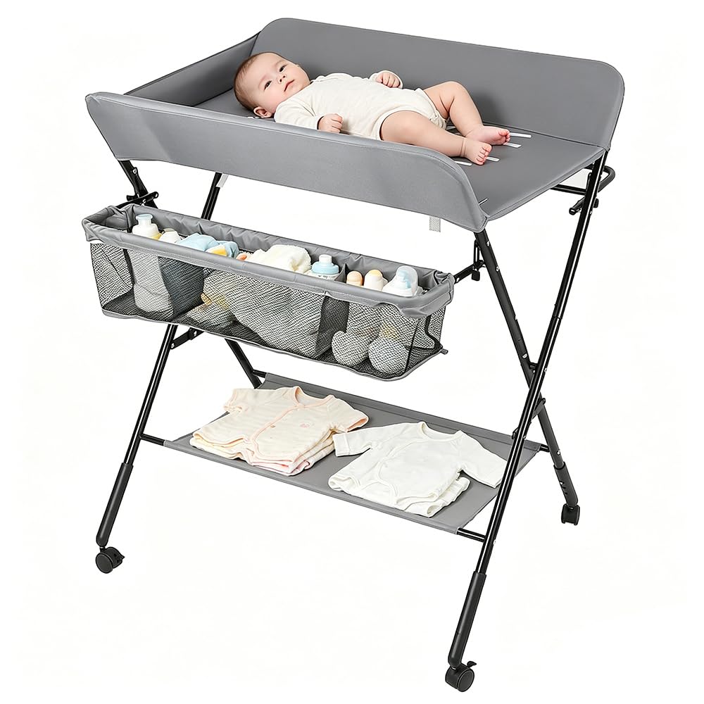 Mesa cambiador plegable Bebe, mesa de pañales plegable con cinturón de seguridad y cesta de almacenamiento, altura ajustable en 3 posiciones, cómoda cambiador portátil, carga 25 kg (80 x 66 x 98 cm,
