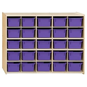 Contender 25 Trays Birch Hardwood Shelving Unit with Purple Bins, Kindergarten, Home-School, Daycare Organizer for Toys, Art and Craft Supplies [ Fully Assembled ]