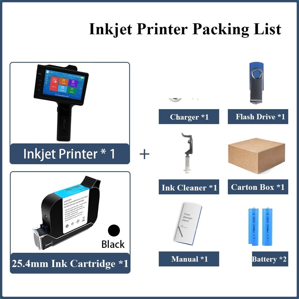 Pistola for stampante a getto d'inchiostro portatile da 25,4 mm for etichettatrice con data di scadenza, codice a barre, numeri,Funzionamento regolare(Printer with 1 ink)