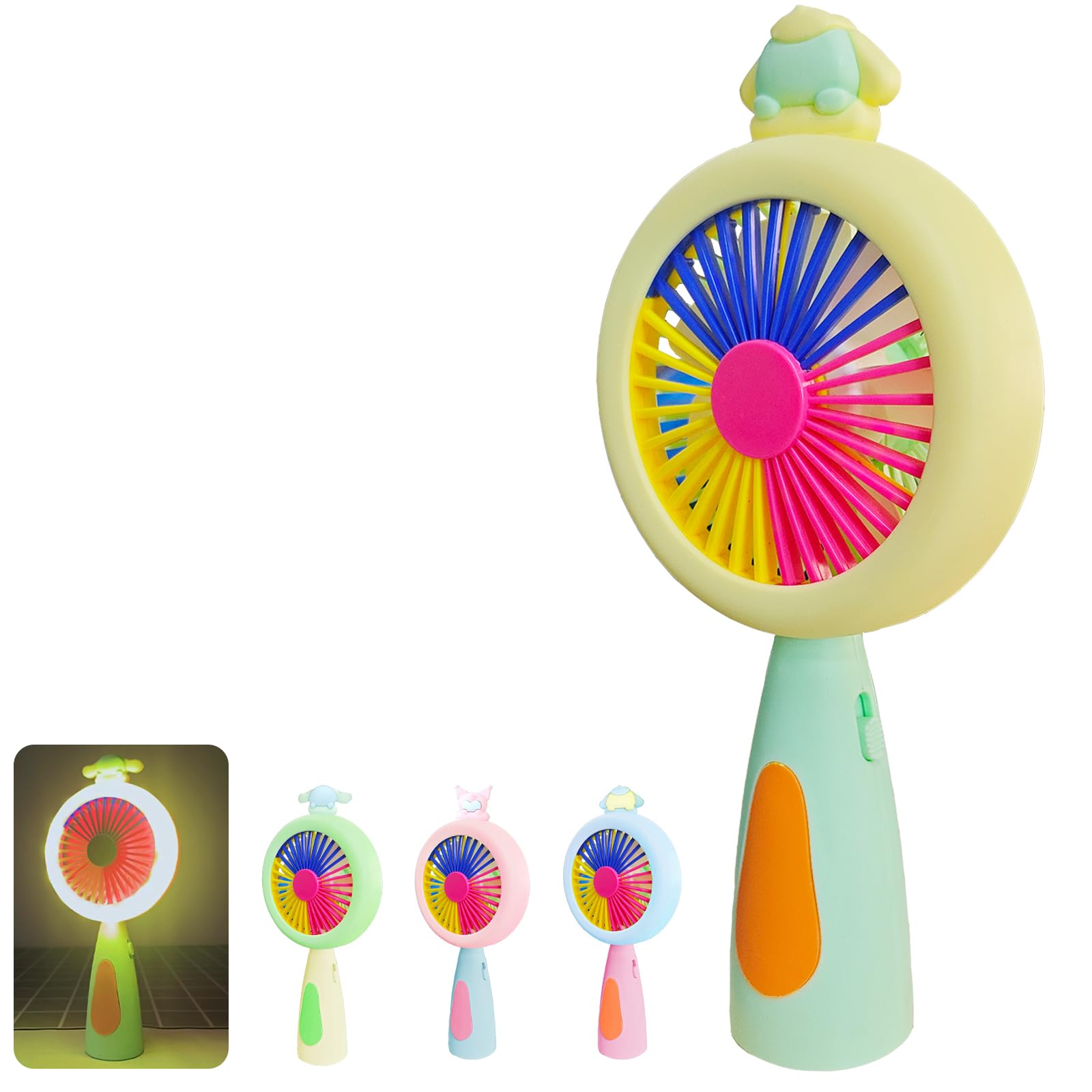 YOUYIKE Przenośny mini wentylator ze światłem, wentylator ręczny, świecący mini wentylator, zasilany bateriami, do wielokrotnego ładowania, ręczny wentylator do podróży, biura, na zewnątrz