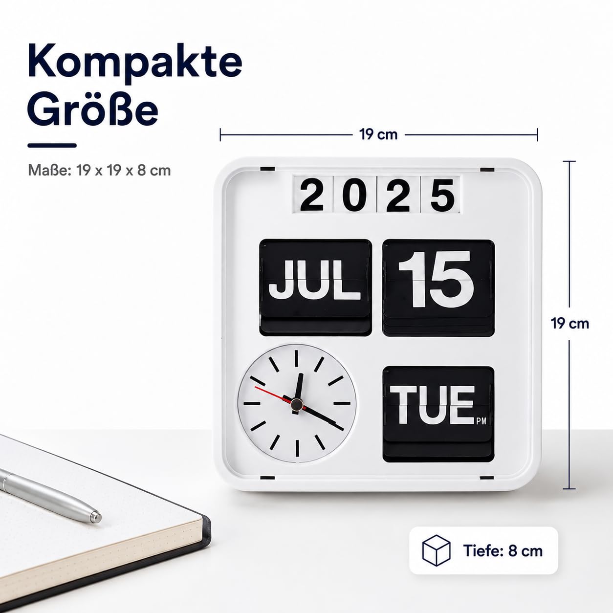 Eurotime 80005-00 Retro Tisch- & Wanduhr mit Voll-Datumsanzeige inkl. Jahr, Quarzuhr im Klappkarten-Design, automatischer Monatswechsel, 18 x 18 x 7,5 cm, Weiß