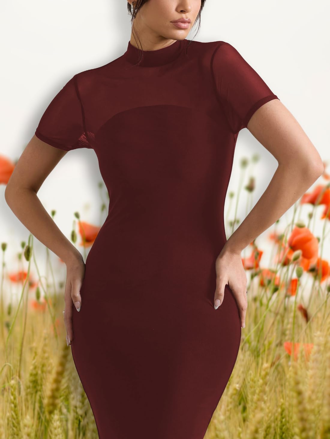 Women's Casual Mesh Short Sleeve Bodycon Mock Neck Keyhole Back Slim Club Party Midi Dresses - Image 4