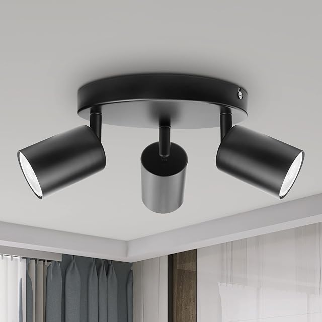 Dehobo Ceiling Spotlight Indoor in Matt Black, 3 Adjustable Spot Lights GU10 Industrial 3 Way Light Ceiling Spot Light for Kitchen Lounge Bedroom Dining Room