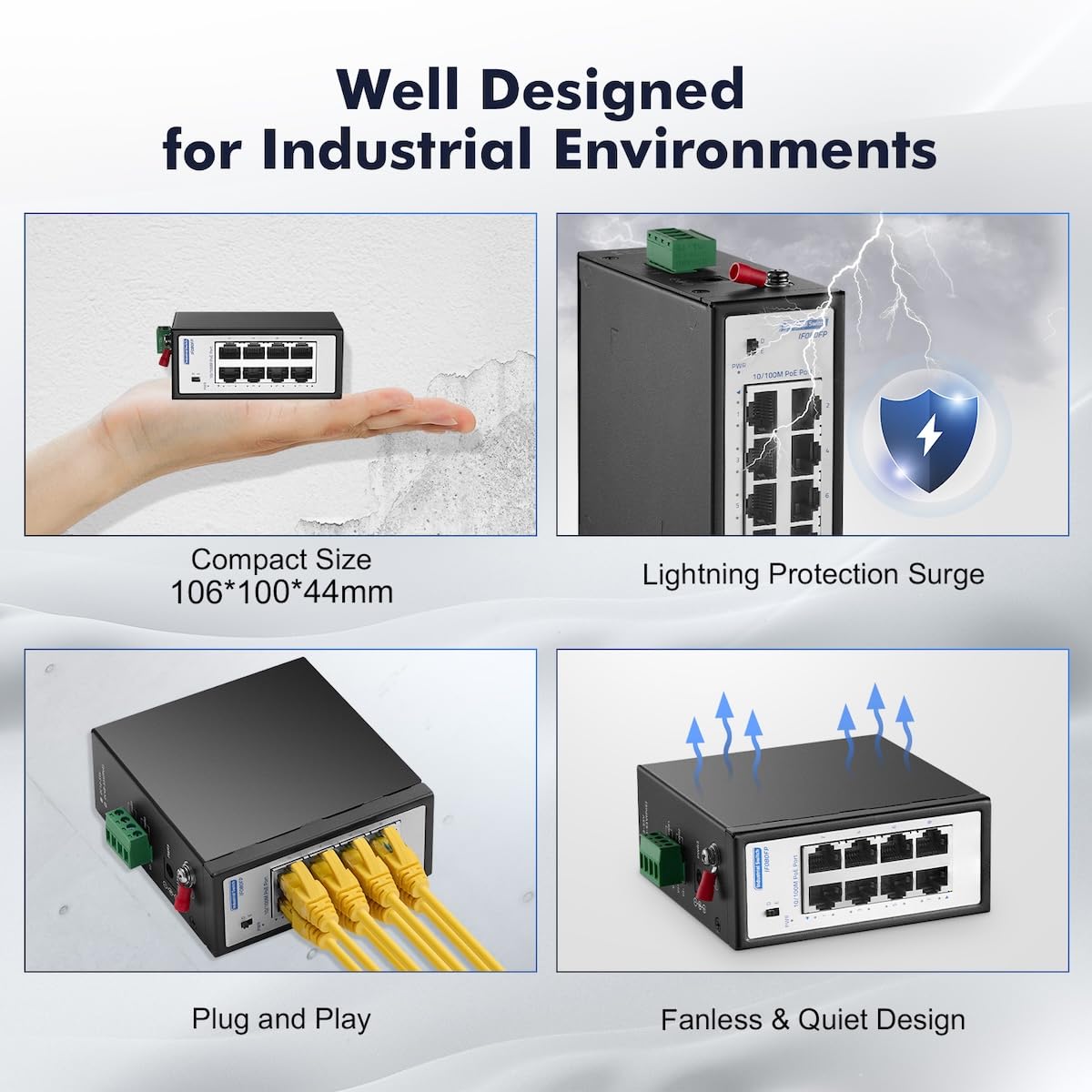 Commutateur Industriel Mini PoE+ à 8 Ports, Fast Ethernet 10/100 Mbps, Montage sur Rail DIN et Mural, Non géré IP30 (-40 à 185 °F) Commutateur PoE Industriel renforcé YuLinca