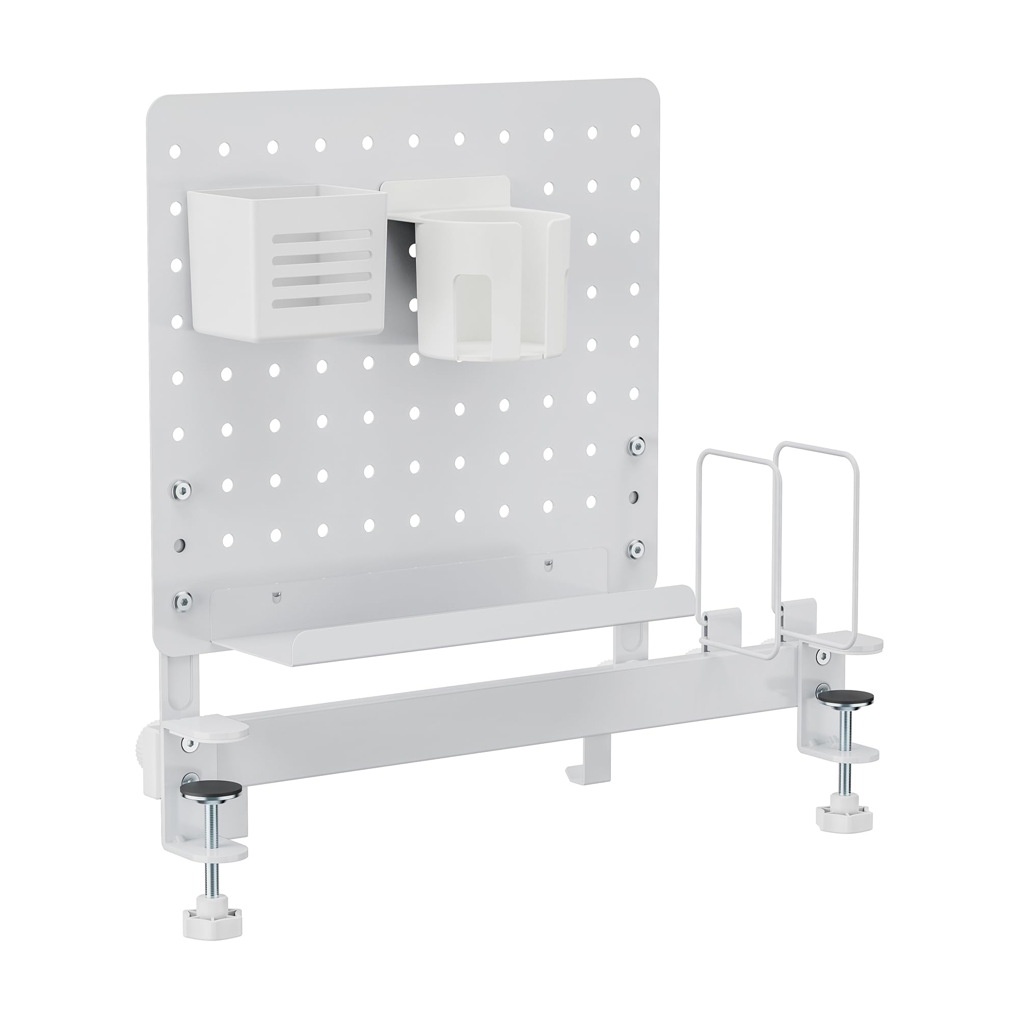 [en.casa] Organizzatore da Scrivania con Morsetti Pannello Forato Organizer Pegboard con Ripiano Flessibile Supporto Libri Porta Bicchieri Penne 50x50 cm per Cameretta Studio Ufficio - Bianco