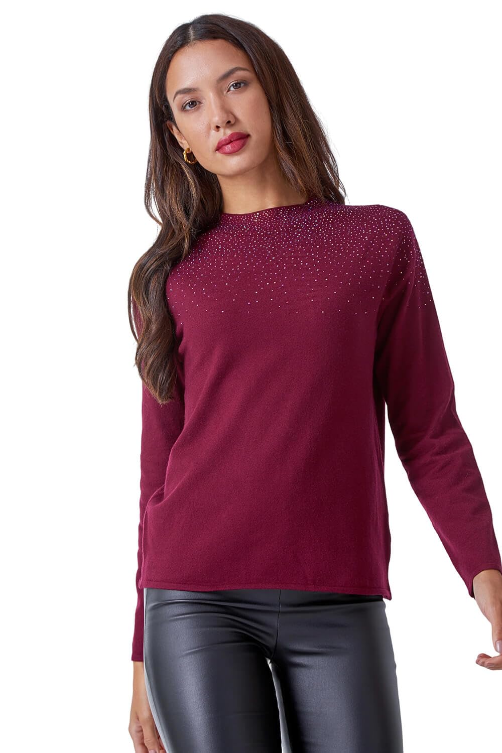 Roman Originals Women's Bordeaux Diamante Sequin Jumper For Uk Sparkly Glitter Sweater Embellished Smart Casual Autumn Winter Long Sleeve Round Neck Knitwear Knitted Pullover - Size 10