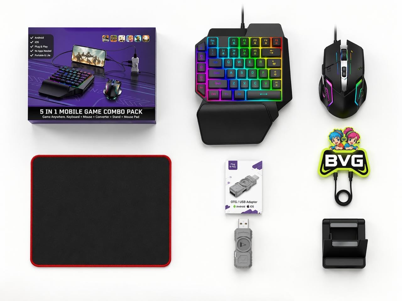 5 in 1 Mobile Game Combo Pack with RGB Mini Gaming Keyboard & Mouse with Side Button & Mobile Holder,Gaming Adapter with Mobile Game Converter for Android & iOS