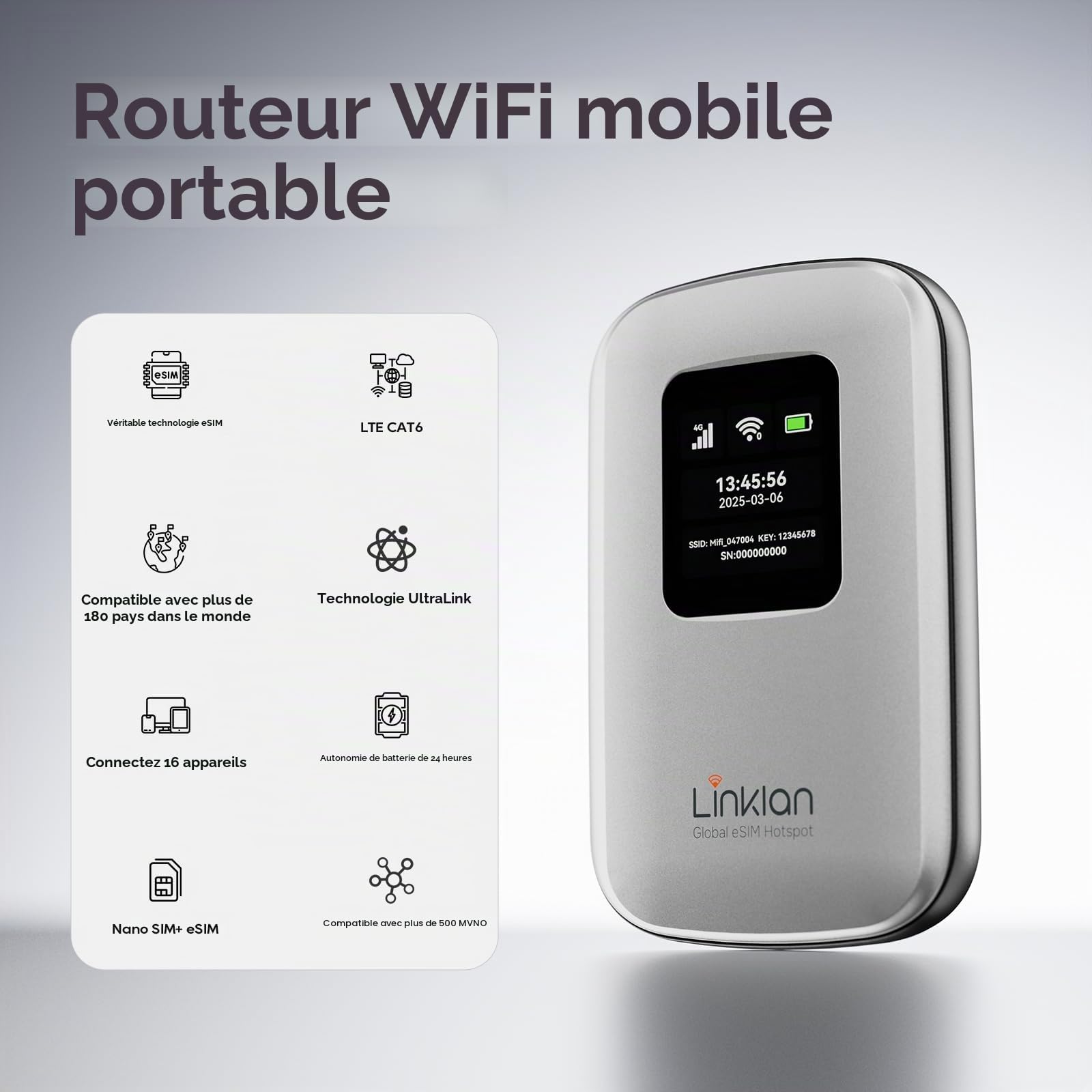 Hotspot mobile portable - eSIM Global WiFi Hotspot, aucune carte SIM/contrat nécessaire, 16 appareils, plus de 180 pays, routeur sans fil compact pour les voyages internationaux et d'affaires 【15