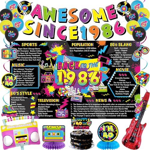 Image of Crenics 80s Theme 1986 40th Birthday Decorations for Men Women | Back in 1986 Backdrop, Awesome Since 1986 Banner, Swirls, Centerpieces and Balloons for 40 Birthday Party Supplies