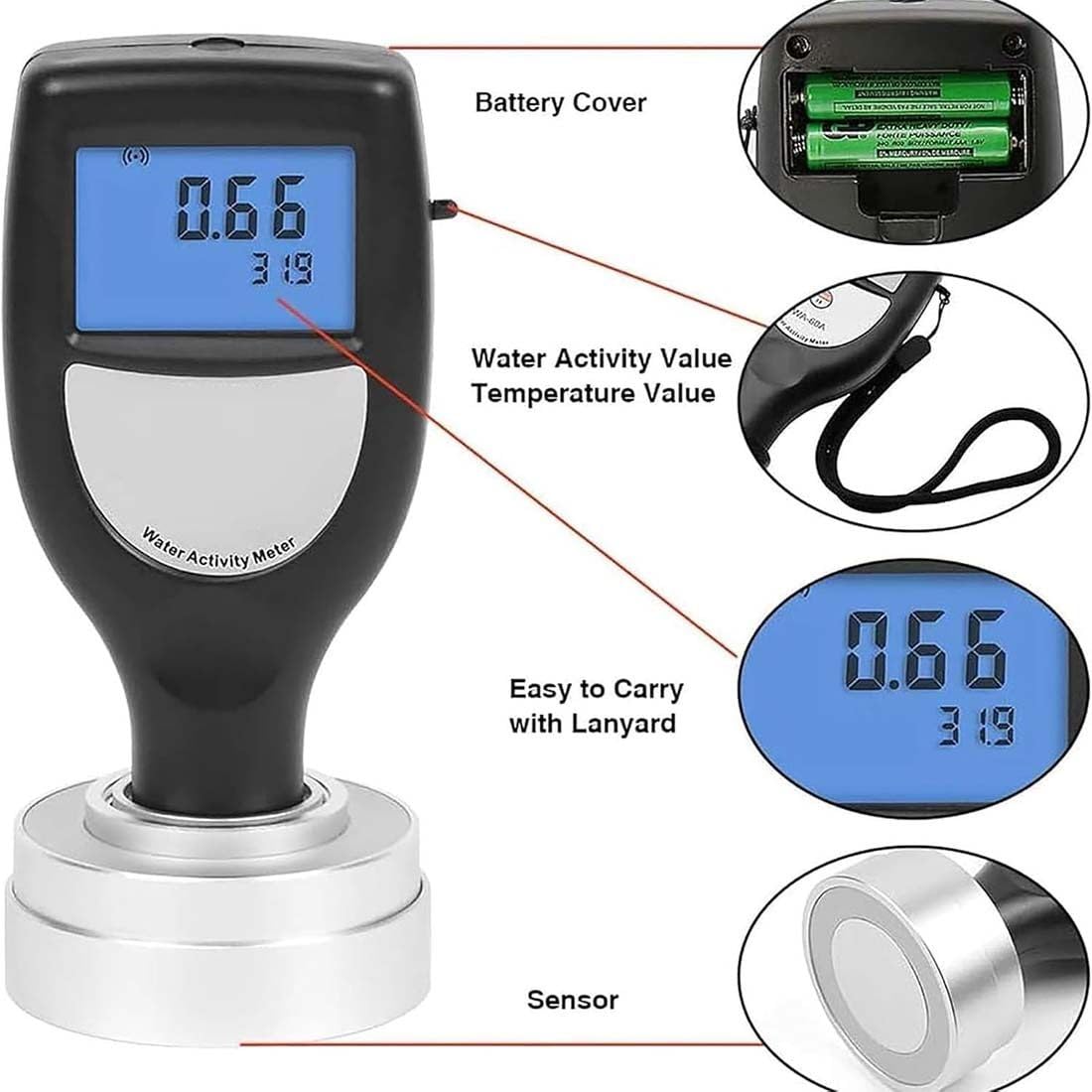 Misuratore di attività dell'acqua intelligente per alimenti secchi frutta grano verdura, tester portatile AW con cavo dati USB e software