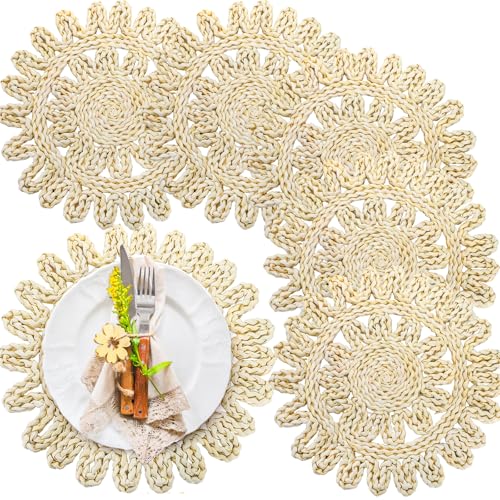TOPZEA 13.8 Inch Round Corn Husk Placemats Set of 6, Rattan Place Mats Natural Wicker Table Mat Woven Spring Plate Charger for Dinning Plates, Wedding, Baby Shower, Easter, Boho Decor