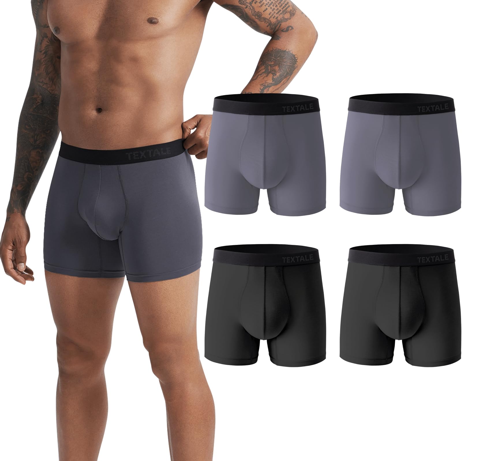 TexTale SKIN 4-Pack Mens Underwear Boxer Briefs XS-2XL Micro-Modal No-Ride Anti-Odor 3D Support Pouch