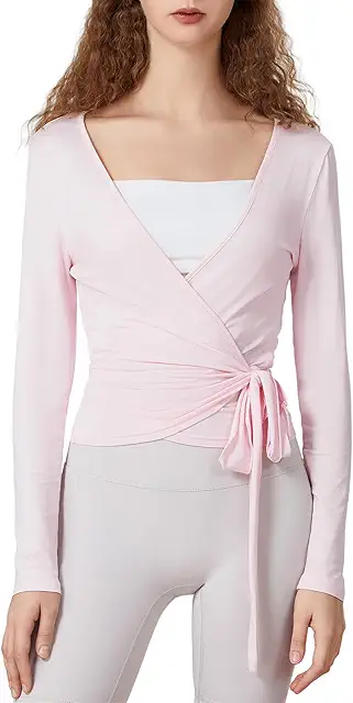 Women's Cross Wrap Tie Yoga Top - Long Sleeve V-Neck Slim Fit T-Shirt