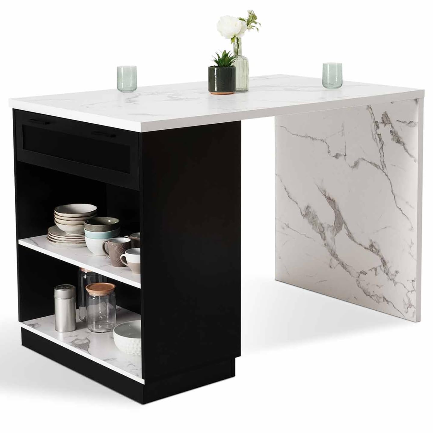 IDMarket - Ilot Central Mange Debout 4 Personnes VITO 130 cm Noir et Plateau Effet marbre Alaska