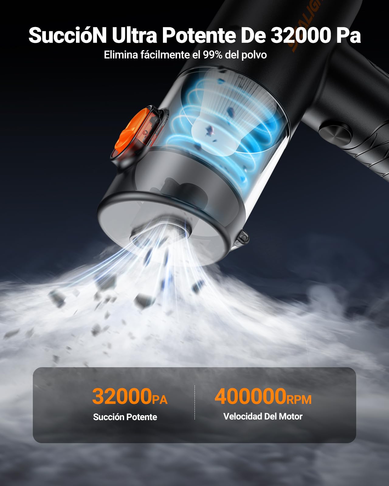SEALIGHT Aspirador de Mano, 32000Pa Aspirador Sin Cable Potente, Descarga de Polvo con un Solo Toque, Mini Aspirador Recargable con Motor sin Escobillas, Aspirador de Mano Potente