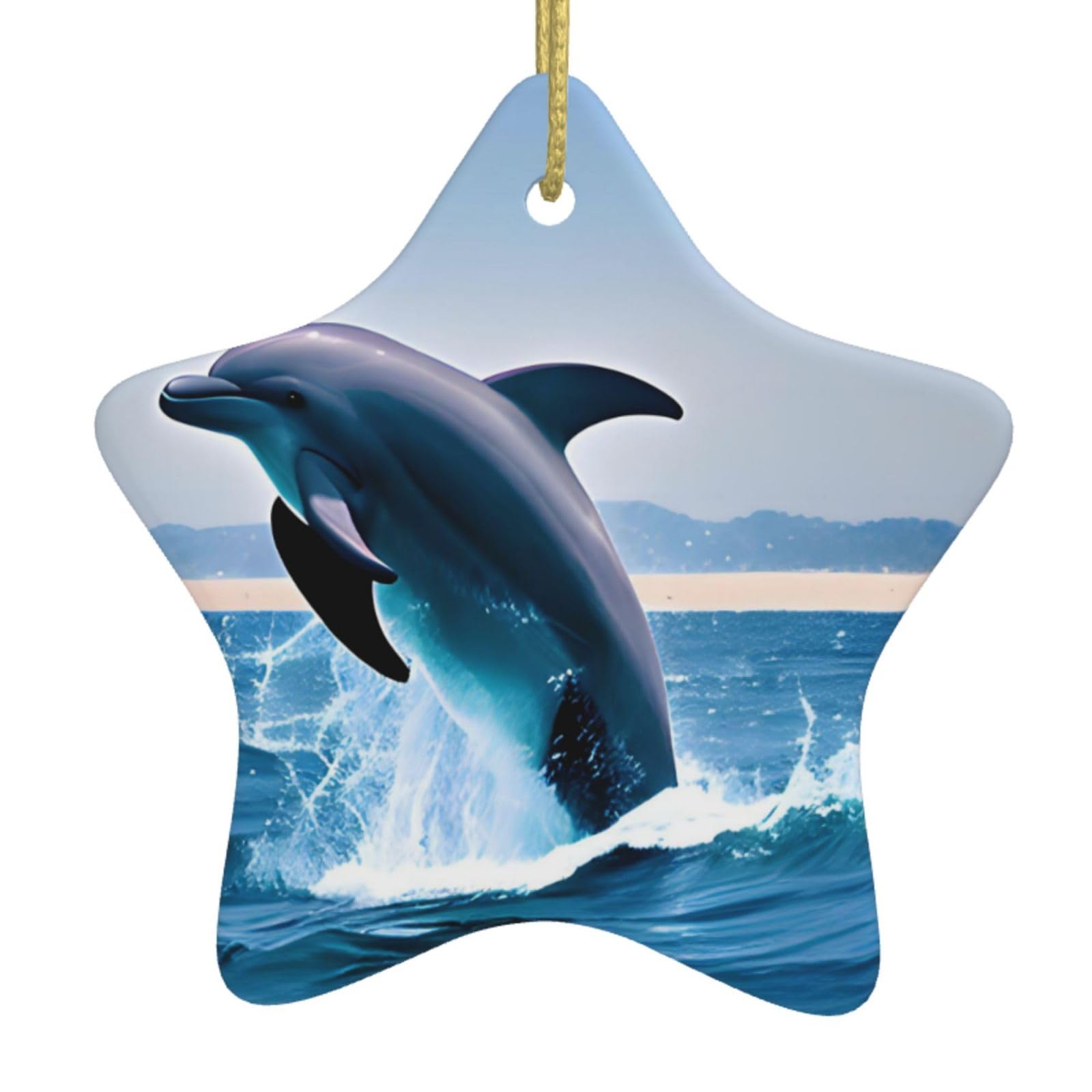 Jumping up Dolphins Christmas Ceramic Star Pendant with Punched Holes and Gold Wire Rope, Christmas Tree Home Decoration