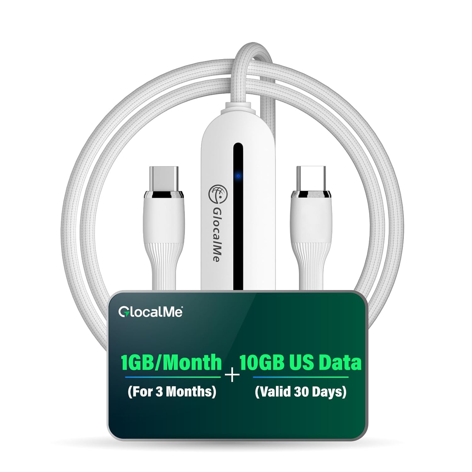 GlocalMe UniCord USB C Cable with 4G WiFi Mobile Hotspot, Register for 1GB/Month Data for 3 Months and 10GB US Data, 65W Fast Charging Cable with a USB A, 3.2ft Type C for Phone, Tablet, Laptop