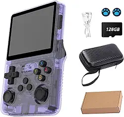 Console de video game portátil R36S Retro de 128 GB,r36s console portatil, mais de 39.000 jogos, r36s arkos, tela IPS de 3,5 polegadas,3500mAH,reprodutor de vídeo de bolso [linux] (Roxo)