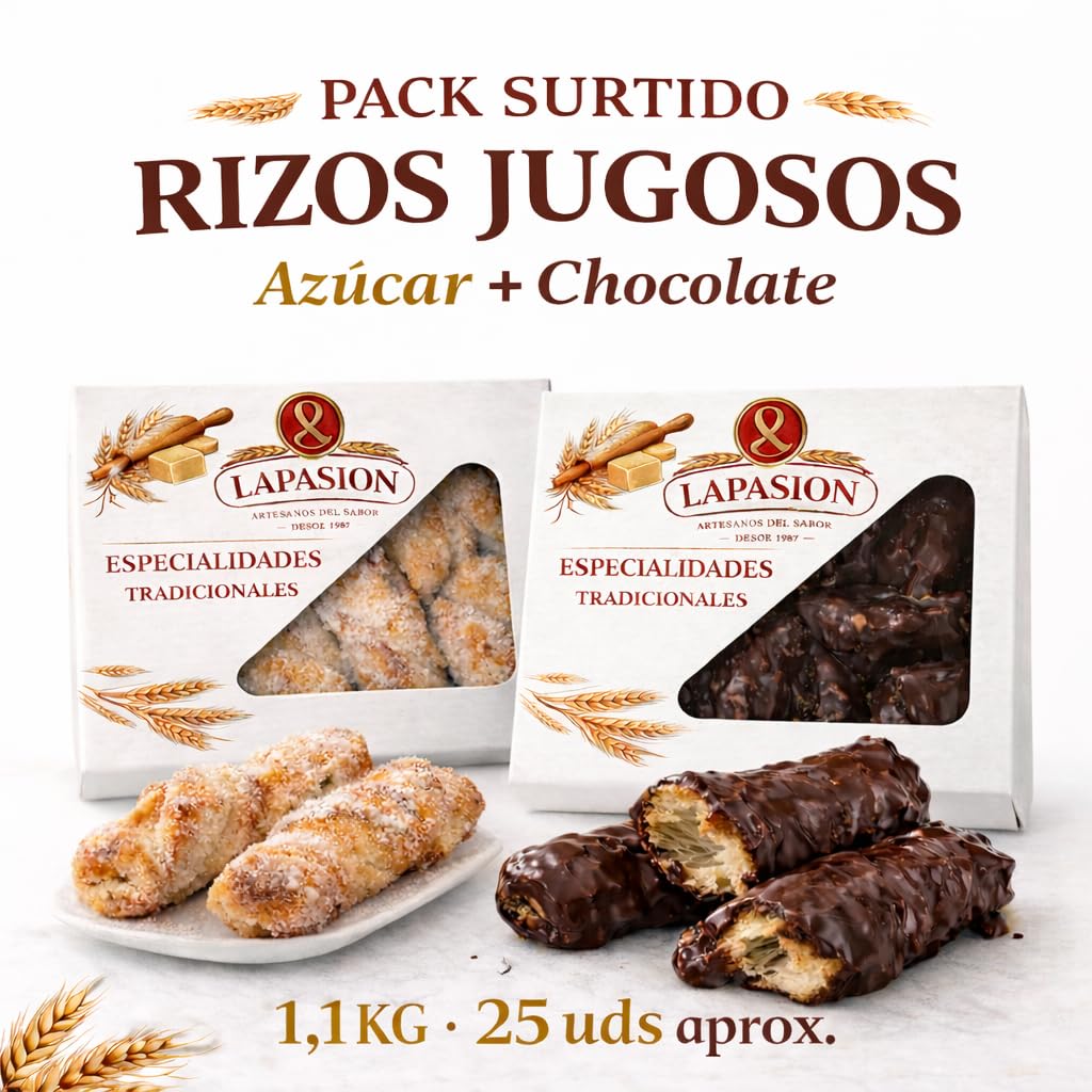 Pack Surtido Rizos de Hojaldre LaPasion | Lazos Jugosos con Azúcar + Chocolate Bombón | 2 x 550g (25 uds aprox.) | Dulces Tradicionales Españoles | Repostería Artesana para Café y Merienda