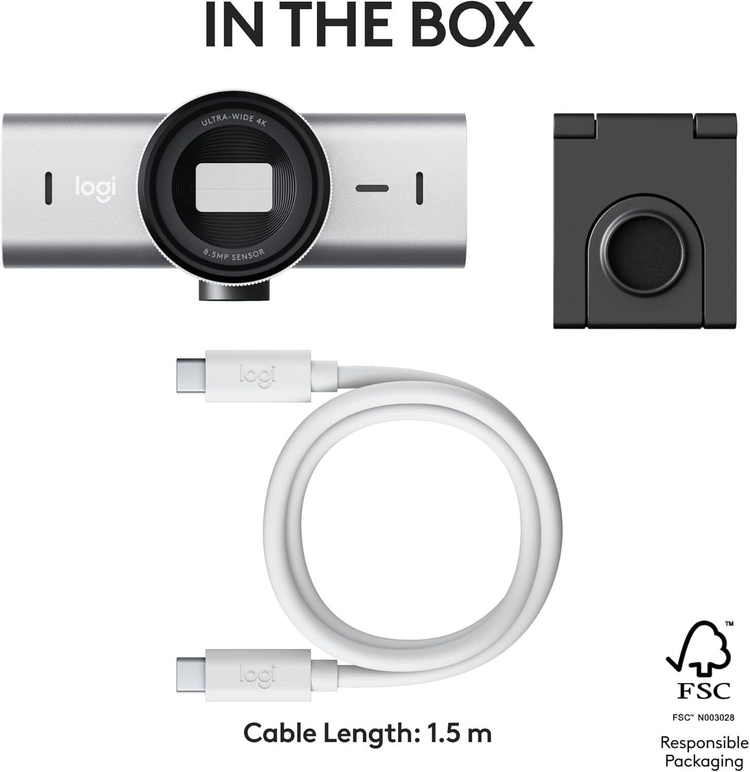 Diagram showing the Logitech MX Brio webcam, its magnetic mount, and the included USB-C cable.